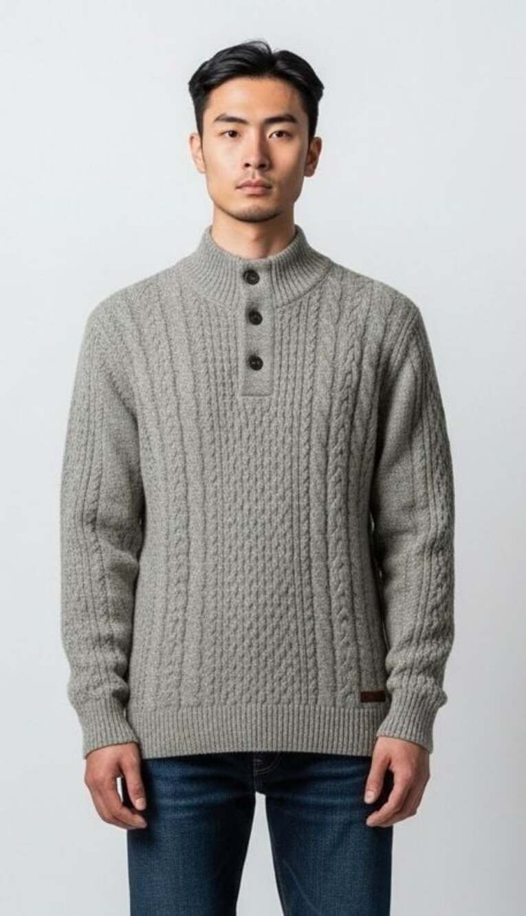 Buffalo David Bitton Men's Gray Mock Neck Button Placket Cable Knit Sweater